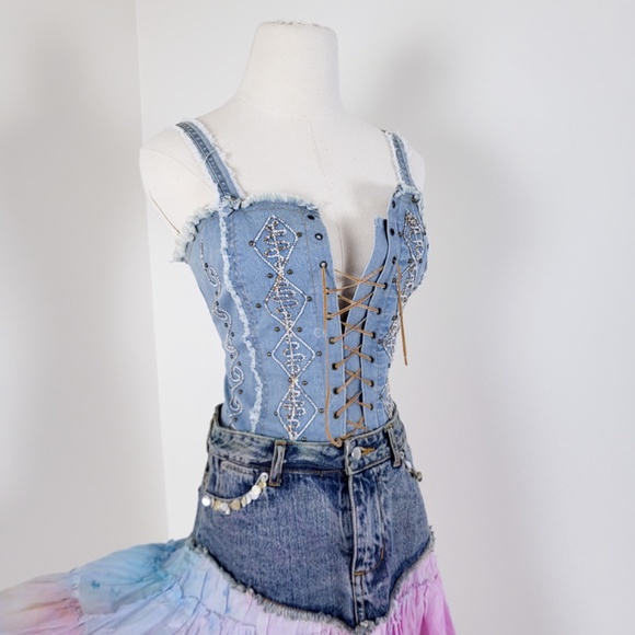 Vintage denim lace-up cropped camisole tank top denim embroidered embroidery - Picture 5 of 13